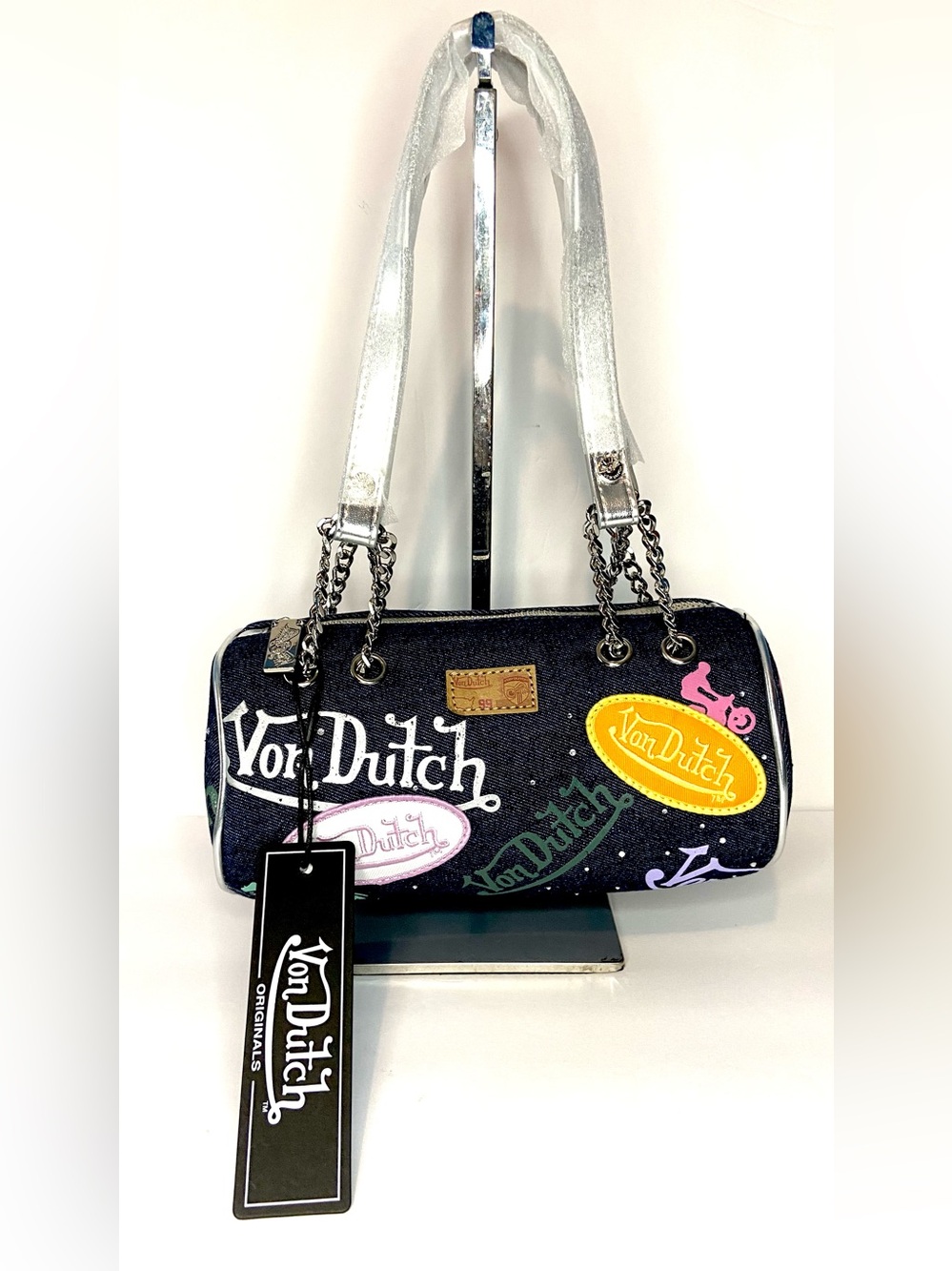 Von Dutch DENIM Barrel Shoulder Bag with Multicolor Logo Prints + free 5 items